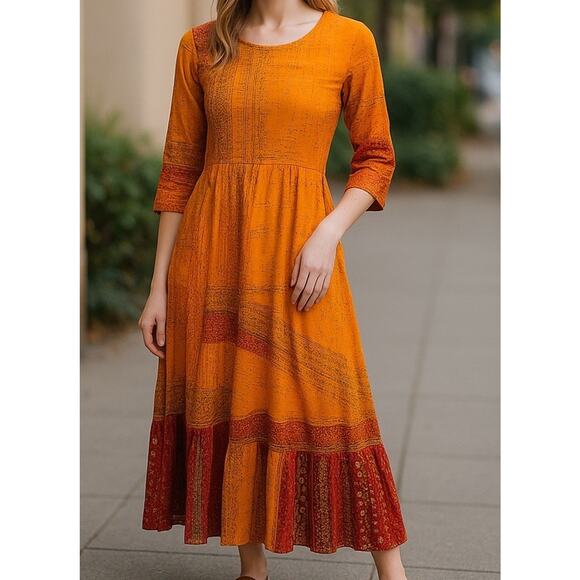 Neerus Marigold Boho Ethnic Embroidered Maxi Dress Large Preowned Rayon - Picture 1 of 9